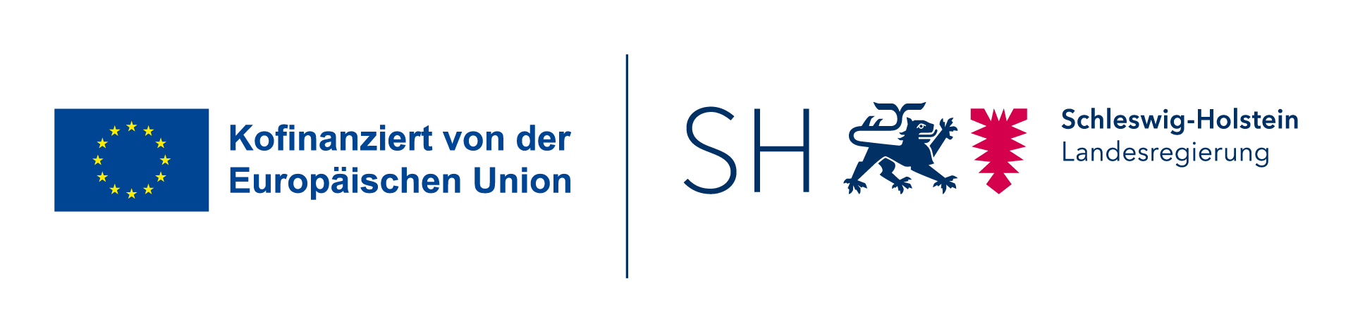 Logo-Banner der Geldgeber für das Dock1. Logo-Banner enthält Flage der EU mit Schriftzug "Kofinaniziert von der Europäischen Union und das Wappen von Schleswig -Holstein mit dem Schriftzug "Schleswig-Holstein Landesregierung"